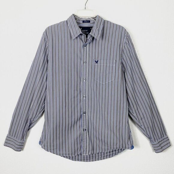 American Eagle Grey Vertical Striped Button Up Shirt - Picture 1 of 4